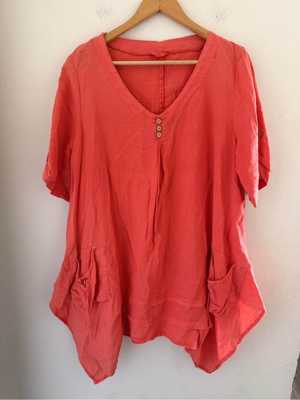 Catwalk Studio Coral Ramie Cotton Blend Lagenlook Tunic Top Dress Pockets S/M - Picture 2 of 8